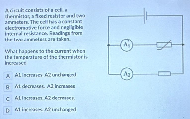 A circuit consists of a cell, a
thermistor, a fixed resistor and two
ammeters. The cell has a constant
electromotive force and negligible
internal resistance. Readings from
the two ammeters are taken.
What happens to the current when
the temperature of the thermistor is
increased
A A1 increases A2 unchanged
B A1 decreases. A2 increases
C A1 increases. A2 decreases.
D A1 increases. A2 unchanged