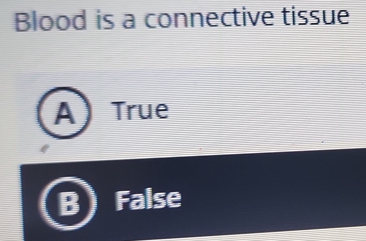 Blood is a connective tissue
A True
B False