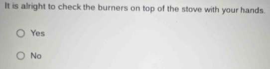 It is alright to check the burners on top of the stove with your hands.
Yes
No