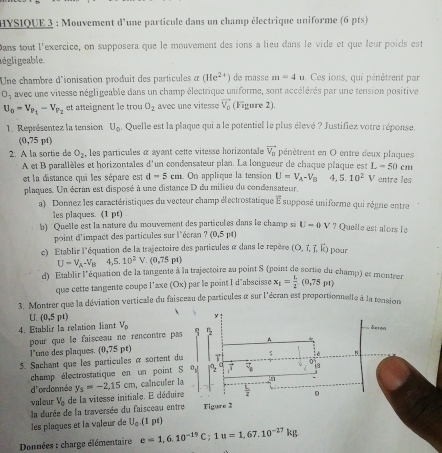 HYSIQUE 3 : Mouvement d'une particule dans un champ électrique uniforme (6 pts)
Dans tout l'exercice, on supposera que le mouvement des ions a lieu dans le vide et que leur poids est
égligeable
Une chambre d'ionisation produit des particules alpha (He^(2+)) de masse m=4u Ces ions, qui pénètrent par
O_3 avec une vitesse négligeable dans un champ électrique uniforme, sont accélérés par une tension positive
U_0=V_P_1-V_V_2 et atteignent le trou O_2 avec une vitesse vector V_0 (Figure 2).
1. Représentez la tension U_0 4. Quelle est la plaque qui a le potentiel le plus élevé ? Justifiez votre réponse.
(0,75pt)
2. A la sortie de O_2, , les particules α ayant cette vitesse horizontale vector V_n pénètrent en O entre deux plaques
A et B parallèles et horizontales d'un condensateur plan. La longueur de chaque plaque est L=50cm
et la distance qui les sépare est d-5cm On applique la tension U=V_A-V_B 4. 5.10^2 V entre les
plaques. Un écran est disposé à une distance D du milieu du condensateur.
a) Donnez les caractéristiques du vecteur champ électrostatique É supposé uniforme qui règne entre
les plaques. (1 pt)
b) Quelle est la nature du mouvement des particules dans le champ si U=0 V ? Quelle est alors le
point d'impact des particules sur l'écran ?(0,5pt)
e) Etablir l'équation de la trajectoire des particules à dans le repère (O,L],k) pour
U=V_A-V_B 4,5.10^2V.(0,75pt)
d) Etablir l'équation de la tangente à la trajectoire zu point S (point de sortie du champ) et montre x_1= L/2 (0.75pt)
que cette tangente coupe l’axe (Or | par le point I d'abscisse
3. Montrer que la déviation verticale du faisceau de particules à sur l'écran est proportionnelle à la rension
U. (0,5pt)
4. Etablir la relation liant V_0
pour que le faisceau ne rencontre pas
I'tme des plaques. (0,75pt)
5. Sachant que les particules α sortent du
champ électrostatique en un point S
d'ordonnée 
valeur V_0 de la vitesse initiale. E déduire y_5=-2,15cm , calnculer Ia
la durée de la traversée du faisceau entre Figure 2
les plaques et la valeur de U_0.(1pt)
Données : charge élémentaire e=1,6,10^(-19)C;1u=1,67.10^(-27)kg