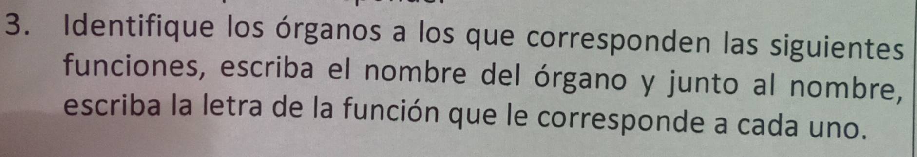 Identifique los órganos a los que corresponden las siguientes 
funciones, escriba el nombre del órgano y junto al nombre, 
escriba la letra de la función que le corresponde a cada uno.