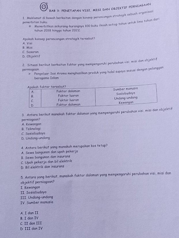 BAB 3: PENETAPAN VISI, MISI DAN OBJEKTIF PERNIAGAAN
1. Maklumat di bawah berkaitan dengan konsep perancongan strategik sebuch arganisas
penerbitan buku.
* Menerbitkan sekurong-kurongnya 100 buku ilmich setiop tahun untuk lima tahun dari
tahun 2018 hingga tahun 2022.
Apakah konsep perancangan strategik tersebut?
A. Visi
B. Mis
C. Sasoran
D. Objektif
2. Situasi berikut berkaitan faktor yang mempengaruhi perubahan visi, misi dan objektif
perniogaon.
> Pengeluar Sos Aroma menghasilkan produk yang holal supaya sesuai dengan pelanggan
beragama Islam
3. Antara berikin manakah faktor dalaman yang mempengoruhi perubahan visi, misi dan oif
perniagoan?
A. Kewangan
B. Teknologi
C. Sosiebudaya
D. Undang-undang
4. Antara berikut yang manakah merupakan kos tetap?
A. Sewa bangunon dan upch pekerja
B. Sewa bangunan dan insuran
C. Upah pekerja dan bil elektrik
D. Bil elektrik dan insurons
5. Antara yang berikut, manakah faktor dalaman yang mempengaruhi perubahan visi, misi dan
objektif perniagoan?
I. Kewangan
II. Sosiobudaya
III. Undang-undang
IV Sumber manusia
A. I dan II
B. I dan IV
C. II dan III
D. III don IV