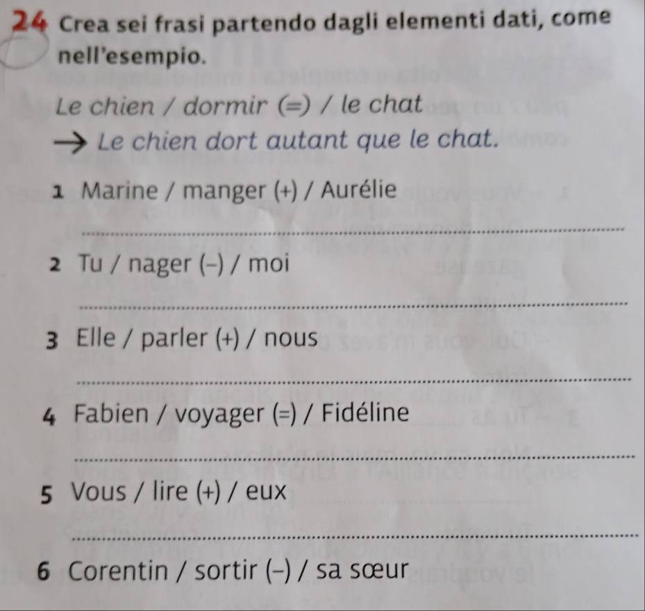 Crea sei frasi partendo dagli elementi dati, come 
nell'esempio. 
Le chien / dormir (=) / le chat 
Le chien dort autant que le chat. 
1 Marine / manger (+) / Aurélie 
_ 
2 Tu / nager (-) / moi 
_ 
3 Elle / parler (+) / nous 
_ 
4 Fabien / voyager (=) / Fidéline 
_ 
5 Vous / lire (+) / eux 
_ 
6 Corentin / sortir (-) / sa sœur