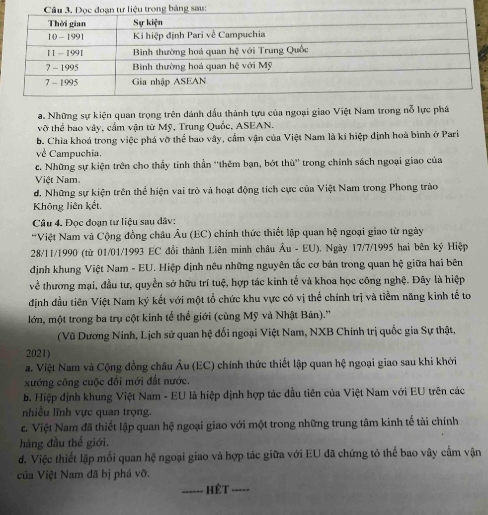 a. Những sự kiện quan trọng trên đánh dấu thành tựu của ngoại giao Việt Nam trong nỗ lực phá
vỡ thế bao vây, cấm vận từ Mỹ, Trung Quốc, ASEAN.
b. Chìa khoá trong việc phá vỡ thế bao vây, cấm vận của Việt Nam là kí hiệp định hoà bình ở Pari
về Campuchia.
c. Những sự kiện trên cho thấy tinh thần “thêm bạn, bớt thù” trong chính sách ngoại giao của
Việt Nam.
d. Những sự kiện trên thể hiện vai trò và hoạt động tích cực của Việt Nam trong Phong trào
Không liên kết.
Câu 4. Đọc đoạn tư liệu sau đâv:
*Việt Nam và Cộng đồng châu Âu (EC) chính thức thiết lập quan hệ ngoại giao từ ngày
28/11/1990 (từ 01/01/1993 EC đổi thành Liên minh châu Âu - EU). Ngày 17/7/1995 hai bên ký Hiệp
định khung Việt Nam - EU. Hiệp định nêu những nguyên tắc cơ bản trong quan hệ giữa hai bên
về thương mại, đầu tư, quyền sở hữu trí tuệ, hợp tác kinh tế và khoa học công nghệ. Đây là hiệp
định đầu tiên Việt Nam ký kết với một tổ chức khu vực có vị thế chính trị và tiềm năng kinh tế to
lớn, một trong ba trụ cột kinh tế thế giới (cùng Mỹ và Nhật Bản).''
(Vũ Dương Ninh, Lịch sử quan hệ đối ngoại Việt Nam, NXB Chính trị quốc gia Sự thật,
2021)
a. Việt Nam và Cộng đồng châu Âu (EC) chính thức thiết lập quan hệ ngoại giao sau khi khởi
xướng công cuộc đổi mới đất nước.
b. Hiệp định khung Việt Nam - EU là hiệp định hợp tác đầu tiên của Việt Nam với EU trên các
nhiều lĩnh vực quan trọng.
c. Việt Nam đã thiết lập quan hệ ngoại giao với một trong những trung tâm kinh tế tài chính
hàng đầu thế giới.
d. Việc thiết lập mối quan hệ ngoại giao và hợp tác giữa với EU đã chứng tỏ thế bao vây cấm vận
của Việt Nam đã bị phá vỡ.
_hét_