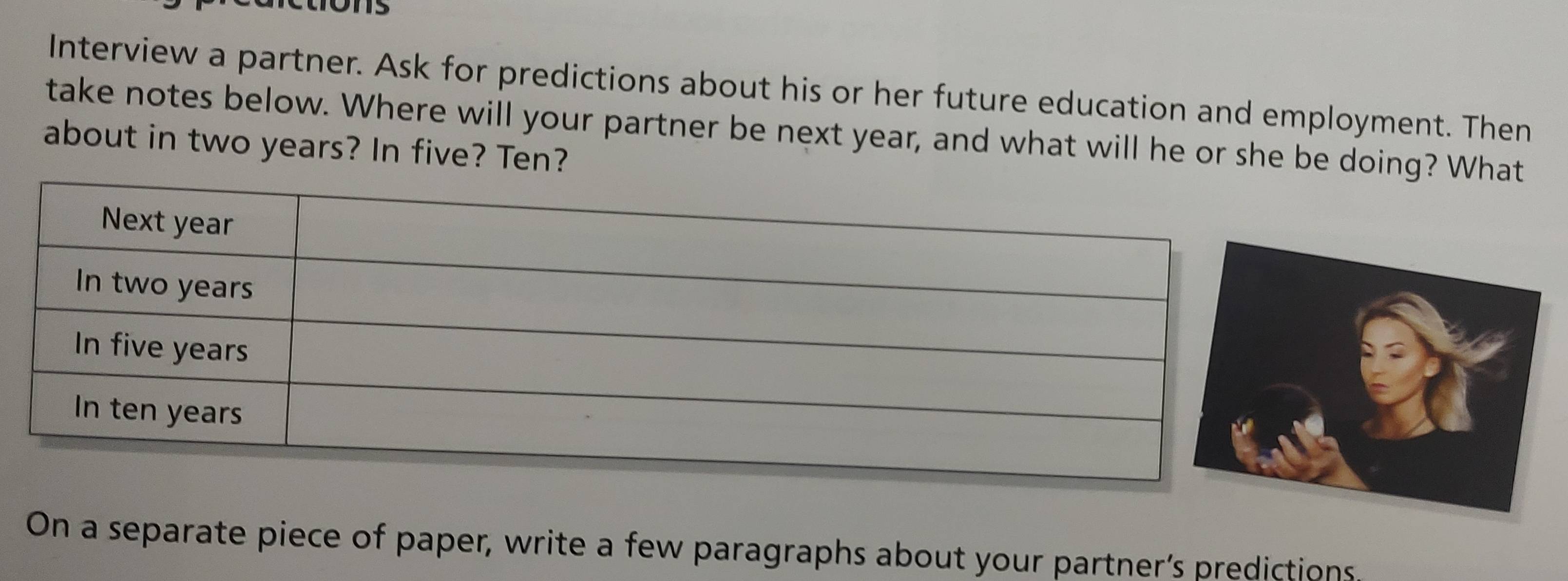 os 
Interview a partner. Ask for predictions about his or her future education and employment. Then 
take notes below. Where will your partner be next year, and what will he or she be doing? What 
about in two years? In five? Ten? 
On a separate piece of paper, write a few paragraphs about your partner’s predictions.