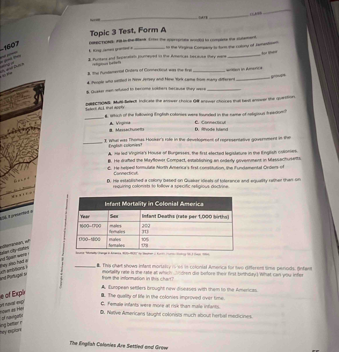 NAME_ DATB
_
Topic 3 Test, Form A
DIRECTIONS: Fill-in-the-Blank Enter the appropriate word(s) to complete the statement.
-1607
1. King James granted a _to the Virginia Company to form the colony of Jamestown.
2. Puritans and Separatists journeyed to the Americas because they were
_
ch n d  utch sating o or goid, they and power.
for their
religious beliefs
written in America
to t 
3. The Fundamental Orders of Connecticut was the first_
groups
4. People who settled in New Jersey and New York came from many different
_
5. Quaker men refused to become soldiers because they were_
DIRECTIONS: Multi-Select indicate the answer choice OR answer choices that best answer the question.
Select ALL that apply
_
6. Which of the following English colonies were founded in the name of religious freedom?
A. Virginia C. Connecticut
B. Massachusetts D. Rhode Island
_
7. What was Thomas Hooker's role in the development of representative government in the
English colonies?
A. He led Virginia's House of Burgesses, the first elected legislature in the English colonies.
B. He drafted the Mayflower Compact, establishing an orderly government in Massachusetts
C. He helped formulate North America's first constitution, the Fundamental Orders of
Connecticut.

D. He established a colony based on Quaker ideals of tolerance and equality rather than on
requiring colonists to follow a specific religious doctrine.
M
656. It presented a
talian city-states editerranean, wh
ogy IS.3 (Sept, 1984).
]
and Portugal sr ch ambitions they also had a nd Spain were 
_8. This chart shows infant mortality rives in colonial America for two different time periods. (Infant
mortality rate is the rate at which w dren die before their first birthday.) What can you infer
from the information in this chart?
A. European settlers brought new diseases with them to the Americas.
e of Expl
B. The quality of life in the colonies improved over time.
ort naval exp'
C. Female infants were more at risk than male infants.
nown as Her
of navigatic
D. Native Americans taught colonists much about herbal medicines.
ing better n
hey explore
The English Colonies Are Settled and Grow