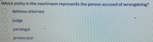 Which entity in the courtroom represents the person accused of wrongdoing?
defense attorney
judge
paralegal
prosecutor