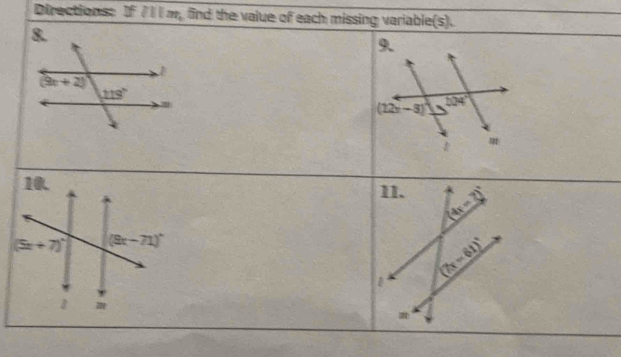 Directions: If 71 I m, find the value of each missing variable(s).