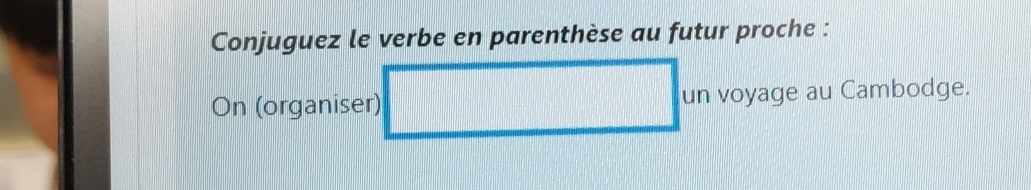 Conjuguez le verbe en parenthèse au futur proche : 
On (organiser) un voyage au Cambodge.