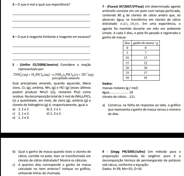 que é mol e qual sua importância?  7 - (Fuvest SP/2007/2ªFase) Um determinado agente
_
antímofo consiste em um pote com tampa perfurada
contendo 80 g de cloreto de cálcio anidro que, ao
_absorver água, se transforma em cloreto de cálcio
diidratado (CaCl_2.2H_2O). Em uma experiência, o
_
agente foi mantido durante um mês em ambiente
úmido. A cada 5 dias, o pote foi pesado e registrado o
4 - O que é reagente limitante e reagente em excesso? ganho de massa:
_
_
_
5 - (Unifor CE/2008/Janeiro) Considere a reação
representada por:
2NH_4^(+(aq)+H_2)PtCl_6(aq)to (NH_4)_2PtCl_6(s)+2H^+(aq)
precipitado amarelo 
Esse precipitado amarelo, quando aquecido, libera Dados:
cloro, Cl_2(g) , amônia, NH_3(g) e HCI(g) (esses últimos massas molares (g / mol)
podem produzir NH_4Cl(s)) , restando Pt(s) como água._ 18
resíduo. Na decomposição total de 1 mol de (NH_4)_2PtCl_6 cloreto de cálcio....111
(s) a quantidade, em mols, de cloro (g), amônia (g) e
cloreto de hidrogênio (g) é, respectivamente, igual a a) Construa, na folha de respostas ao lado, o gráfico
a) 2, 2 e 2. b) 2, 2 e 1. que representa o ganho de massa versus o número
c) 2, 1 e 2. d) 1, 3 e 2. de dias.
e) 1, 2 e 3.
b) Qual o ganho de massa quando todo o cloreto de 9 - (Uepg PR/2005/Julho) Um método para a
cálcio, contido no pote, tiver se transformado em preparação controlada de oxigênio puro é a
cloreto de cálcio diidratado? Mostre os cálculos. decomposição térmica de permanganato de potássio
c) A quantos dias corresponde o ganho de massa sob vácuo, conforme a equação:
calculado no item anterior? Indique no gráfico, Dados: K=39;Mn=55;O=16
utilizando linhas de chamada.