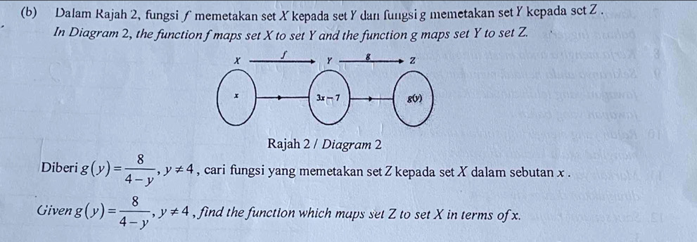 Dalam Rajah 2, fungsi∫ memetakan set X kepada set Ydan fungsig memetakan set Y kcpada set Z .
In Diagram 2, the function f maps set X to set Y and the function g maps set Y to set Z.
Rajah 2 / Diagram 2
Diberi g(y)= 8/4-y ,y!= 4 , cari fungsi yang memetakan set Z kepada set X dalam sebutan x .
Given g(y)= 8/4-y ,y!= 4 , find the function which maps set Z to set X in terms of x.