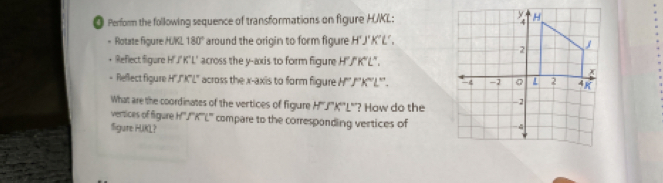 ◎ Perform the following sequence of transformations on figure H/KL : 
- Rotate figure HKL 180° around the origin to form figure H^2J'K'L'. 
Reflect figure H'J' K'L' across the y-axis to form figure H°fK°L°. 
Reflect figure H''J''K''L'' across the x-axis to form figure H°/''K''L''. 
What are the coordinates of the vertices of figure H'''. x°L° ? How do the 
vertices of figure H''/''K'''L''' compare to the corresponding vertices of 
Sigure HUKL?