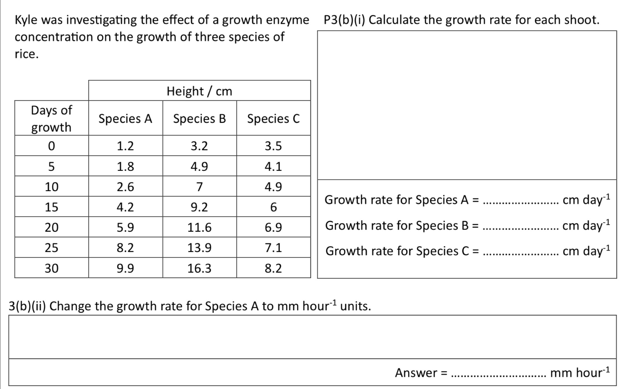 Kyle was investigating the effect of a growth enzyme P3 (b)(i) Calculate the growth rate for each shoot. 
concentration on the growth of three species of 
rice. 
wth rate for Species A= _  cmday^(-1)
wth rate for Species B= _  cmday^(-1)
C= _ 
wth rate for Species cmday^(-1)
3(b)(ii) Change the growth rate for Species A to mm hou r^(-1) units. 
Answer = _I mm hour^(-1)