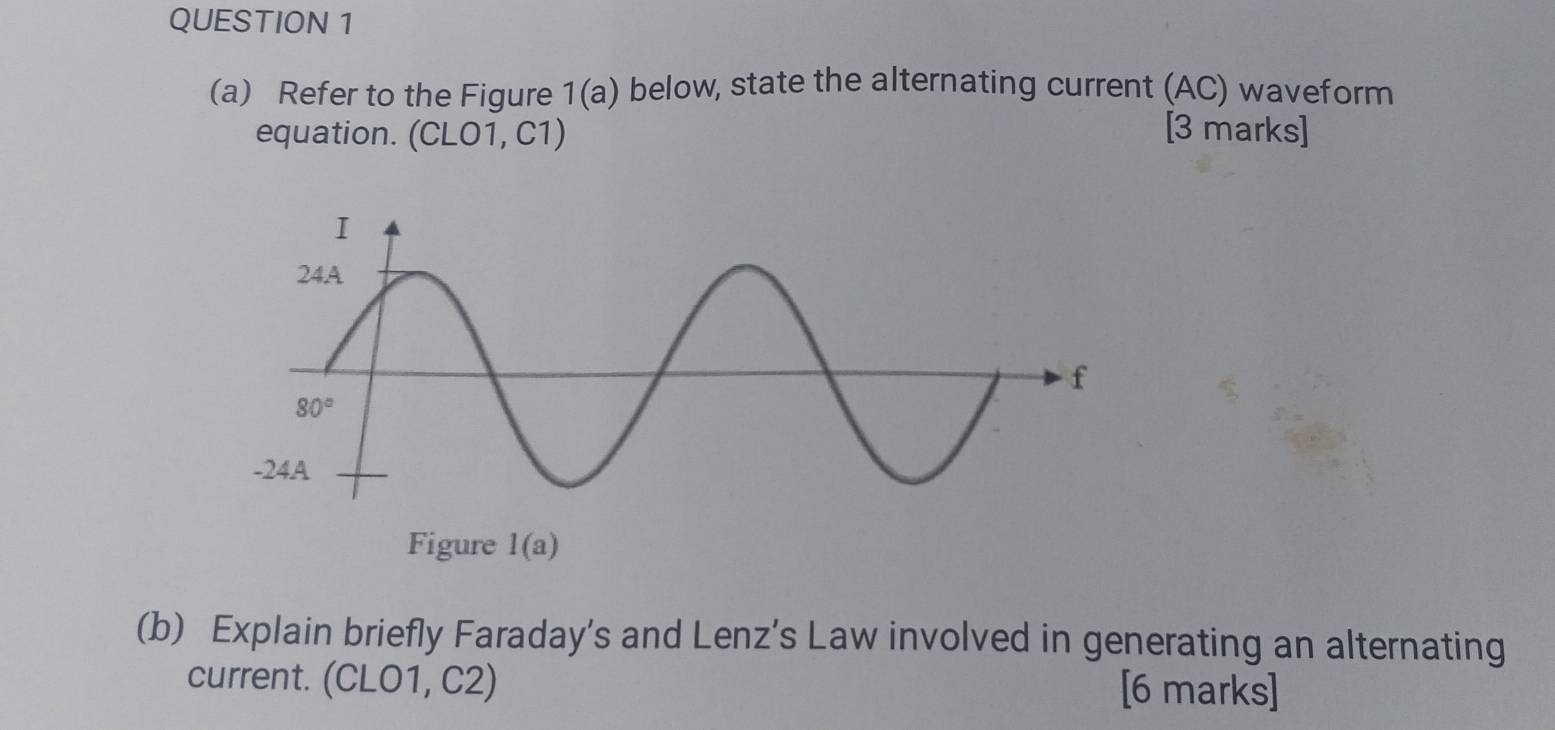 Refer to the Figure (a) below, state the alternating current (AC) waveform
equation. (CLO1, C1) [3 marks]
Figure 1(a)
(b) Explain briefly Faraday’s and Lenz’s Law involved in generating an alternating
current. (CLO1, C2) [6 marks]