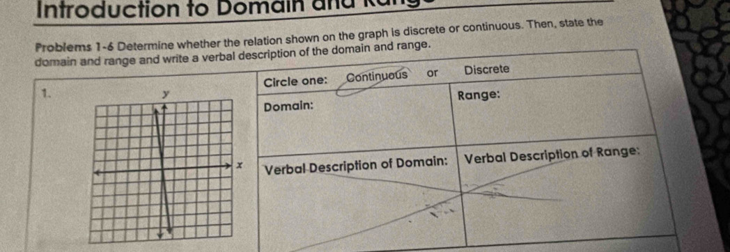 Introduction to Domain and kan 
Problems 1-6 Determine whether the relation shown on the graph is discrete or continuous. Then, state the 
domain and range and write a verbal description of the domain and range. 
1. Circle one: Continuous or Discrete 
Range: 
Domain: 
Verbal Description of Domain: Verbal Description of Range: