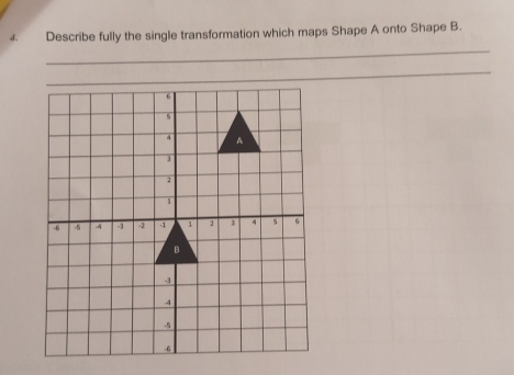 Describe fully the single transformation which maps Shape A onto Shape B. 
_