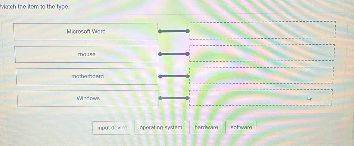 Match the item to the type.
Microsoft Word
mouse
motherboard
Windows
input device operating system hardware software