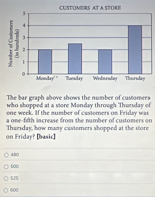 The bar graph above shows the number of customers
who shopped at a store Monday through Thursday of
one week. If the number of customers on Friday was
a one-fifth increase from the number of customers on
Thursday, how many customers shopped at the store
on Friday? [basic]
480
500
525
600