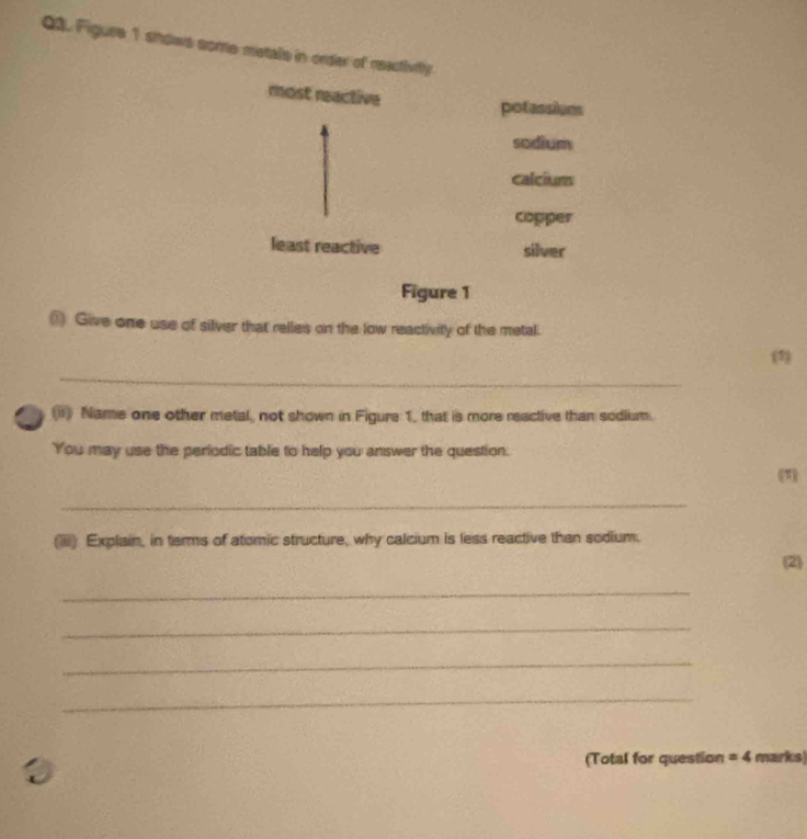 Figure 1 shows some metale in order of reectivitly 
most reactive 
potassions 
sodium 
calcium 
copper 
least reactive silver 
Figure 1 
() Give one use of silver that relies on the low reactivity of the metal. 
(1) 
_ 
(i) Name one other metal, not shown in Figure 1, that is more reactive than sodium. 
You may use the periodic table to help you answer the question. 
(1) 
_ 
(iiii) Explain, in terms of atomic structure, why calcium is less reactive than sodium. 
(2) 
_ 
_ 
_ 
_ 
(Total for question =4 marks)
