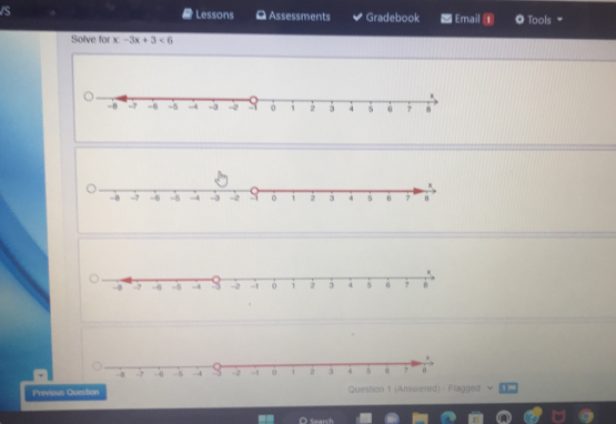 a Lessons Q Assessments Gradebook Email 1 Tools 
Solve for x:-3x+3<6</tex>
- 8 -0 -5 -4 -2 -1 0 i 2 3 4 5 6 7
Previous Question Question 1 (Answered) - Flagged