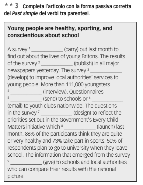 Completa l’articolo con la forma passiva corretta 
del Past simple dei verbi tra parentesi. 
Young people are healthy, sporting, and 
conscientious about school 
A survey ¹ _(carry) out last month to 
find out about the lives of young Britons. The results 
of the survey ²_ (publish) in all major 
newspapers yesterday. The survey ³_ 
(develop) to improve local authorities’ services to 
young people. More than 111,000 youngsters 
4 
_(interview). Questionnaires 
5 
_(send) to schools or _ 
(email) to youth clubs nationwide. The questions 
in the survey ? _(design) to reflect the 
priorities set out in the Government’s Every Child 
Matters initiative which ⁸ _(launch) last 
month. 86% of the participants think they are quite 
or very healthy and 73% take part in sports. 50% of 
respondents plan to go to university when they leave 
school. The information that emerged from the survey 
9 
_(give) to schools and local authorities 
who can compare their results with the national 
picture.