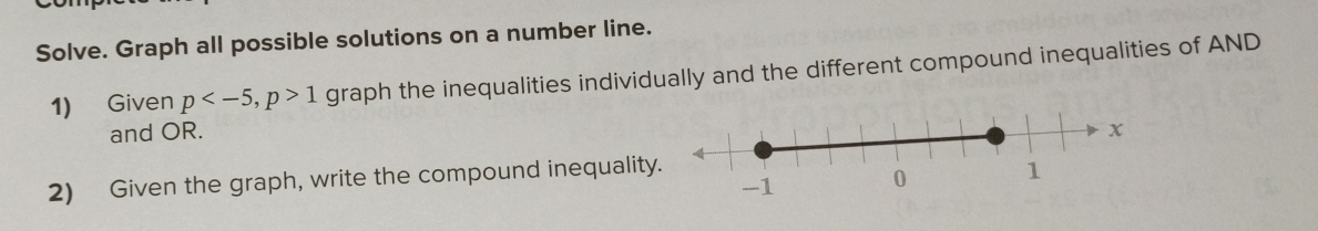 Solve. Graph all possible solutions on a number line. 
1) Given p , p>1 graph the inequalities individually and the different compound inequalities of AND 
and OR. 
2) Given the graph, write the compound inequalit