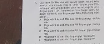 Dua siswa SD, Mica dan Wati sodang berobut meja o kelas
møroka. Mira menarík meja ko kanan dengan gaya 220N
sedangkan Wad yang berbadan besar menarik meja tu ke kn 
dengan gaya 415N. Meryuksikan Mira hampe kalah, For
adalah datang membantu Mira dengan gaya 175N. Maka yang lejao
A. Meja tertańk kə arah Mira dan Rin dengan gaya resultan
40N
B. Meja tertark ke arah Mira dan Riri dengan gaya resultan
20N
C. Meja tertank ke arah Mira dan Rai dengan gaya rosufian
10N
D. Meja Sectarík ke arah Wati dengan gaya resultan 20N
E. Meja Sertarik ke arah Wali dengan gaya resaltan 40N