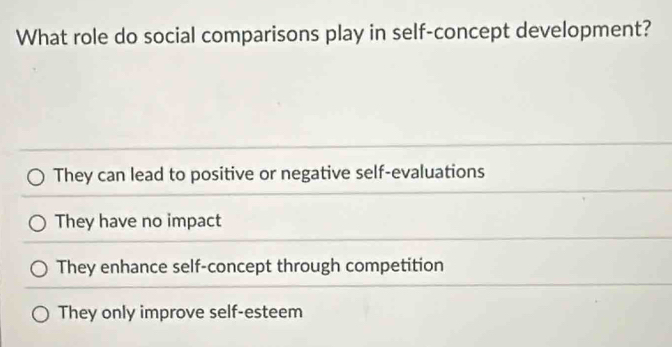 What role do social comparisons play in self-concept development?
They can lead to positive or negative self-evaluations
They have no impact
They enhance self-concept through competition
They only improve self-esteem