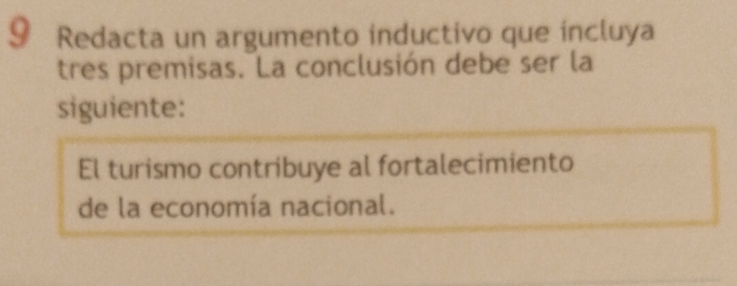 Redacta un argumento inductivo que incluya 
tres premisas. La conclusión debe ser la 
siguiente: 
El turismo contribuye al fortalecimiento 
de la economía nacional.