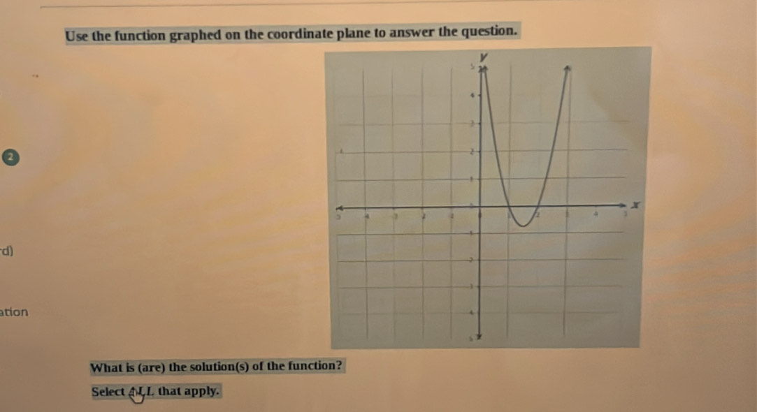 Use the function graphed on the coordinate plane to answer the question. 
d) 
ation 
What is (are) the solution(s) of the function? 
Select L that apply.