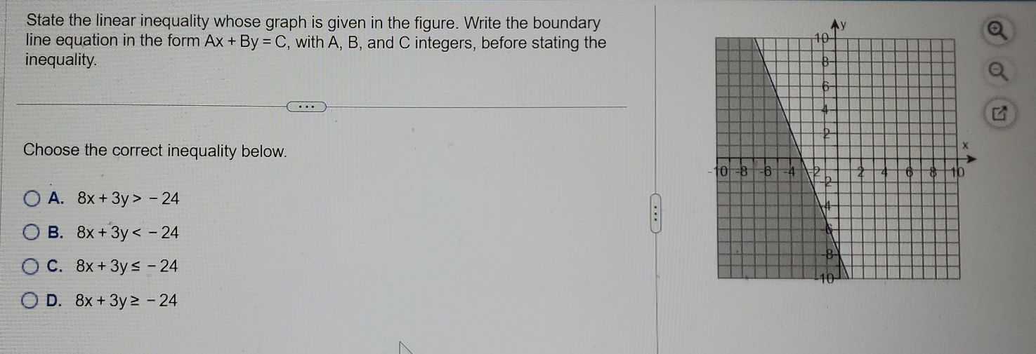 State the linear inequality whose graph is given in the figure. Write the boundary
line equation in the form Ax+By=C , with A, B, and C integers, before stating the
inequality. 
Choose the correct inequality below.
A. 8x+3y>-24
B. 8x+3y
C. 8x+3y≤ -24
D. 8x+3y≥ -24