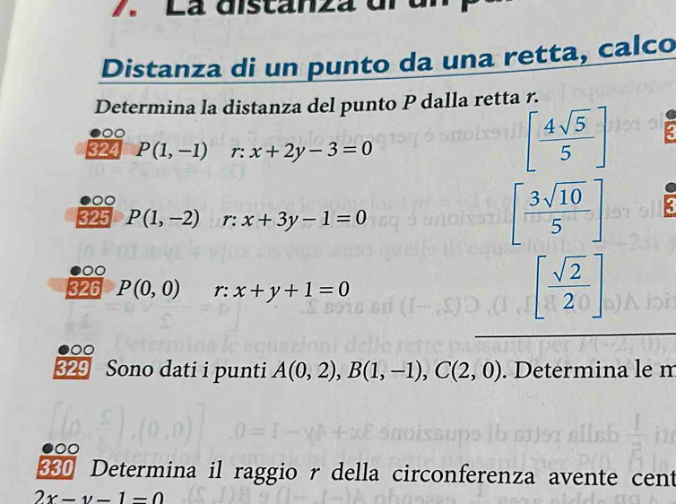 La distánza 
Distanza di un punto da una retta, calco 
Determina la distanza del punto P dalla retta r. 
00 
324 P(1,-1) r:x+2y-3=0
[ 4sqrt(5)/5 ]
00 
325 P(1,-2) r: x+3y-1=0
[ 3sqrt(10)/5 ]
00 
326 P(0,0) r: x+y+1=0
[ sqrt(2)/2 ]
329 Sono dati i punti A(0,2), B(1,-1), C(2,0). Determina le m 
€ Determina il raggio r della circonferenza avente cent
2x-y-1=0