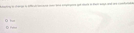 Adapting to change is difficult because over time employees get stuck in their ways and are comfortable
True
False