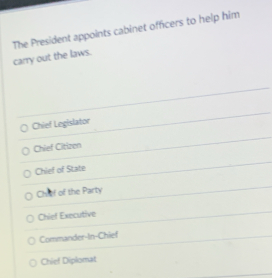 The President appoints cabinet officers to help him
carry out the laws.
Chief Legislator
Chief Citizen
Chief of State
Chief of the Party
Chief Executive
Commander-In-Chief
Chief Diplomat