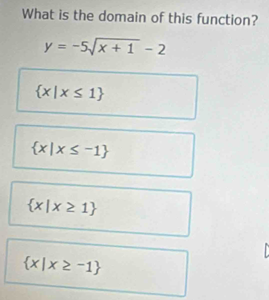 What is the domain of this function?
y=-5sqrt(x+1)-2
 x|x≤ 1
 x|x≤ -1
 x|x≥ 1
 x|x≥ -1