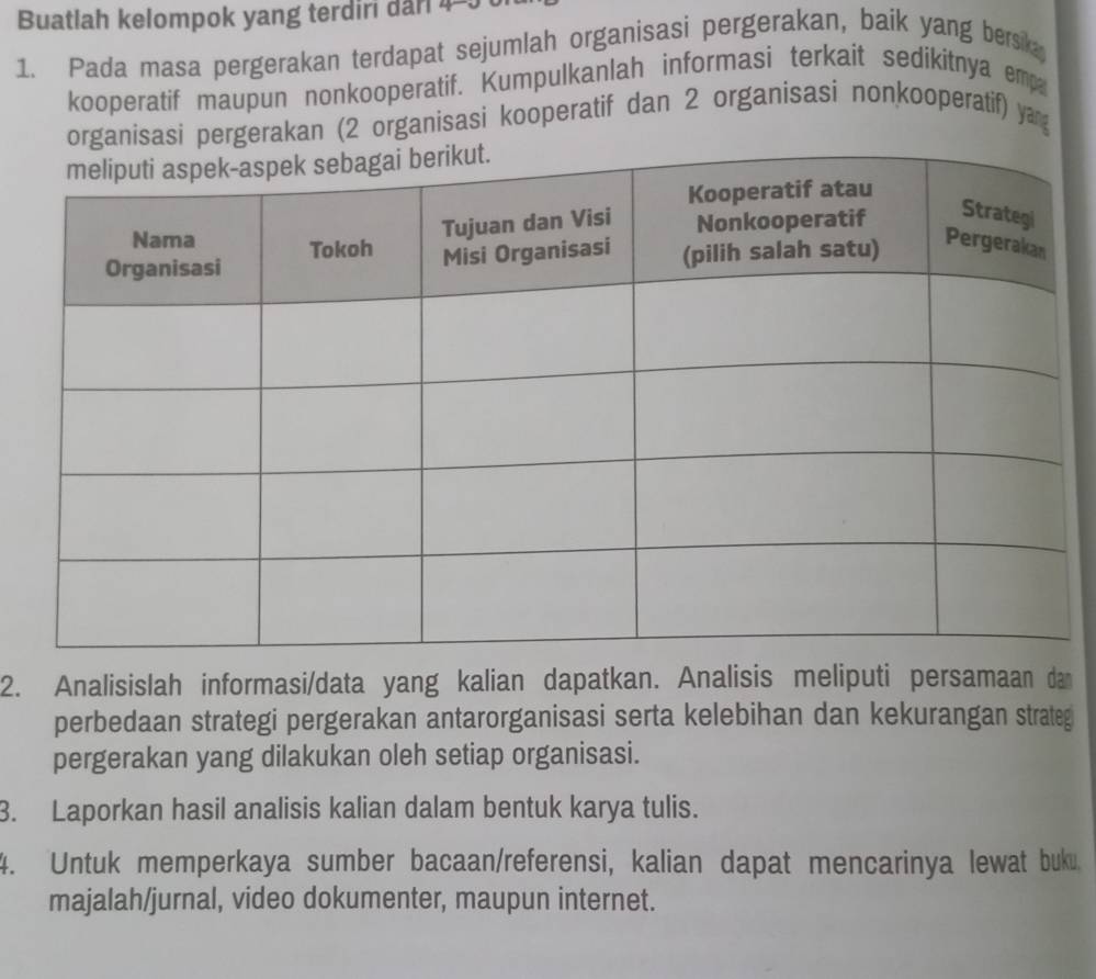 Buatlah kelompok yang terdiri dari 4-5 
1. Pada masa pergerakan terdapat sejumlah organisasi pergerakan, baik yang bersik 
kooperatif maupun nonkooperatif. Kumpulkanlah informasi terkait sedikitnya emp 
organisasi pergerakan (2 organisasi kooperatif dan 2 organisasi nonkooperatif) ya 
2. Analisislah informasi/data yang kalian dapatkan. Analisis meliputi persamaan dan 
perbedaan strategi pergerakan antarorganisasi serta kelebihan dan kekurangan strateg 
pergerakan yang dilakukan oleh setiap organisasi. 
3. Laporkan hasil analisis kalian dalam bentuk karya tulis. 
4. Untuk memperkaya sumber bacaan/referensi, kalian dapat mencarinya lewat buku. 
majalah/jurnal, video dokumenter, maupun internet.