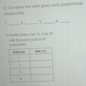 Complete the table given each proportional 
relationship. 
1._ 2 . _. 3. _., 4._ 
A bake shop uses 1 1/3  cup of 
milk for each batch of 
cupcakes.