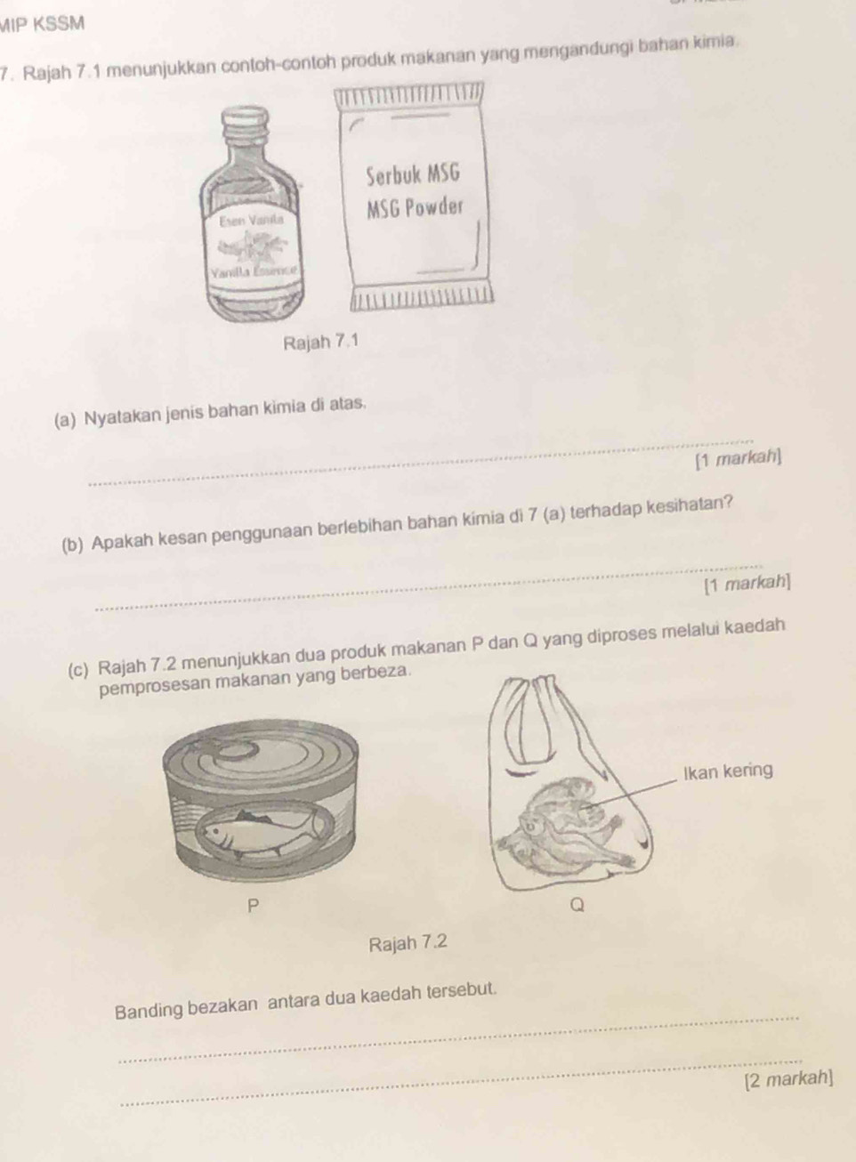 AIP KSSM 
7. Rajah 7.1 menunjukkan contoh-contoh produk makanan yang mengandungi bahan kimia. 
Serbuk MSG 
Esen Vanila MSG Powder 
Yanilla Essímice _ 
Rajah 7.1 
_ 
(a) Nyatakan jenis bahan kimia di atas. 
[1 markah] 
_ 
(b) Apakah kesan penggunaan berlebihan bahan kimia di 7 (a) terhadap kesihatan? 
[1 markah] 
(c) Rajah 7.2 menunjukkan dua produk makanan P dan Q yang diproses melalui kaedah 
pemprosesan makanan yang berbeza. 
P 
Rajah 7.2 
_ 
Banding bezakan antara dua kaedah tersebut. 
_ 
[2 markah]