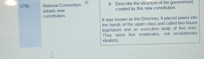 1795 National Convention 8. Describe the structure of the government 
adopts new created by this new constitution. 
constitution. 
It was known as the Directory. It placed power into 
the hands of the upper class and called two house 
legislature and an executive body of five men. 
They were five moderates, not revolutionary 
idealists.