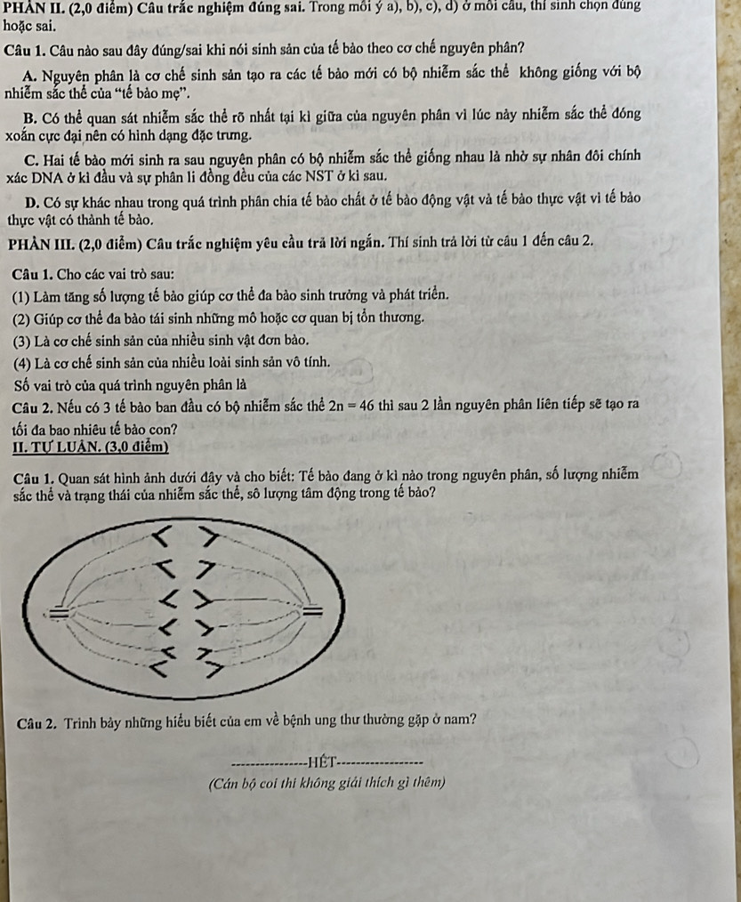 PHÀN II. (2,0 điểm) Cầu trắc nghiệm đúng sai. Trong mồi ý a), b), c), d) ở môi cầu, thỉ sinh chọn đùng
hoặc sai.
Câu 1. Câu nào sau đây đúng/sai khi nói sinh sản của tế bào theo cơ chế nguyên phân?
A. Nguyên phân là cơ chế sinh sản tạo ra các tế bào mới có bộ nhiễm sắc thể không giống với bộ
nhiễm sắc thể của “tế bào mẹ”.
B. Có thể quan sát nhiễm sắc thể rõ nhất tại kì giữa của nguyên phân vì lúc này nhiễm sắc thể đóng
xoắn cực đại nên có hình dạng đặc trưng.
C. Hai tế bào mới sinh ra sau nguyên phân có bộ nhiễm sắc thể giống nhau là nhờ sự nhân đôi chính
xác DNA ở kì đầu và sự phân li đồng đều của các NST ở kì sau.
D. Có sự khác nhau trong quá trình phân chia tế bảo chất ở tế bào động vật và tế bào thực vật vì tế bảo
thực vật có thành tế bào.
PHÀN III. (2,0 điểm) Câu trắc nghiệm yêu cầu trã lời ngắn. Thí sinh trả lời từ câu 1 đến câu 2.
Câu 1. Cho các vai trò sau:
(1) Làm tăng số lượng tế bào giúp cơ thể đa bào sinh trưởng và phát triển.
(2) Giúp cơ thể đa bào tái sinh những mô hoặc cơ quan bị tổn thương.
(3) Là cơ chế sinh sản của nhiều sinh vật đơn bào.
(4) Là cơ chế sinh sản của nhiều loài sinh sản vô tính.
Số vai trò của quá trình nguyên phân là
Câu 2. Nếu có 3 tế bào ban đầu có bộ nhiễm sắc thể 2n=46 thì sau 2 lần nguyên phân liên tiếp sẽ tạo ra
tối đa bao nhiêu tế bào con?
II. Tự LUÂN. (3,0 điểm)
Câu 1. Quan sát hình ảnh dưới đây và cho biết: Tế bào đang ở kì nào trong nguyên phân, số lượng nhiễm
sắc thể và trạng thái của nhiễm sắc thể, sô lượng tâm động trong tế bảo?
Câu 2. Trình bảy những hiểu biết của em về bệnh ung thư thường gặp ở nam?
_Hêt_
(Cán bộ coi thi không giải thích gì thêm)