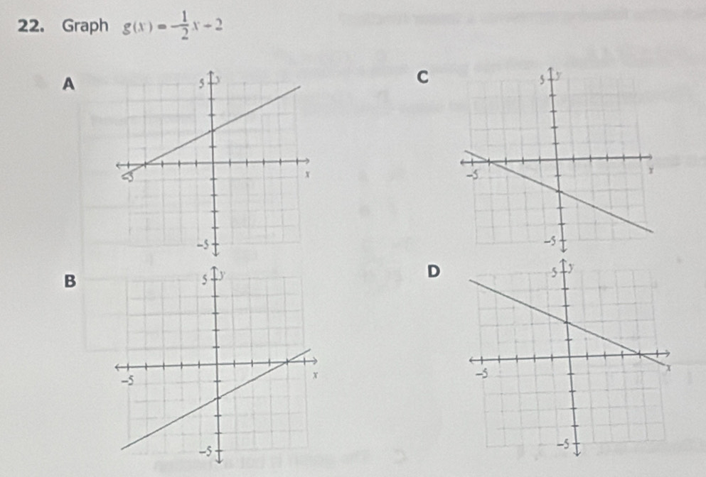 Graph g(x)=- 1/2 x-2
A 
C 

D 
B