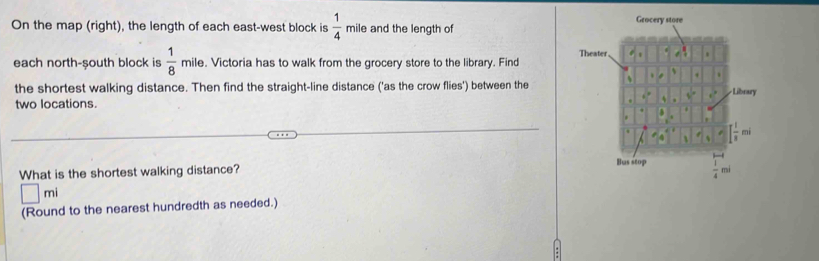 On the map (right), the length of each east-west block is  1/4  mile and the length of
each north-south block is  1/8  mile. Victoria has to walk from the grocery store to the library. Find
the shortest walking distance. Then find the straight-line distance ('as the crow flies') between the
two locations.
What is the shortest walking distance?
□ mi
(Round to the nearest hundredth as needed.)