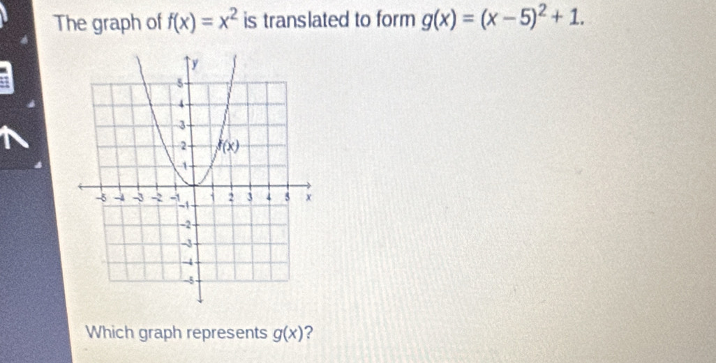 The graph of f(x)=x^2 is translated to form g(x)=(x-5)^2+1.
Which graph represents g(x) ?