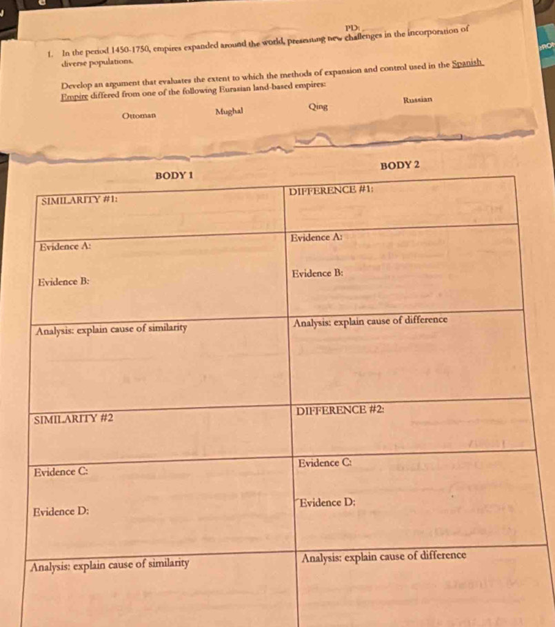 PD:
1. In the period 1450-1750, empires expanded around the world, preseating new chaflenges in the incorporation of
a
diverse populations.
Develop an argument that evaluates the extent to which the methods of expansion and control used in the Spanish.
Empire differed from one of the following Eurasian land-based empires:
Ottoman Mughal Qing Russian