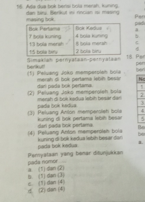 Ada dua bok berisi bola merah, kuning,
dan biru. Berikut ini rincian isi masing
masing bok. Per
pad
a.
b.
C.
Simaklah pernyataan-pernyataan8. Per
berikut! pán
(1) Peluang Joko memperoleh bola ben
merah di bok pertama lebih besar No
dari pada bok pertama.
1
(2) Peluang Joko memperoleh bola
merah di bok kedua lebih besär dari 2
pada bok kedua.
3
(3) Peluang Anton memperoleh bola 4
kuning di bok pertama lebih besar 5
dari pada bok pertama.
Be
(4) Peluang Anton memperoleh bola be
kuning di bok kedua lebih besar dan
。
pada bok kedua.
Peryataan yang benar ditunjukkan
pada nomor
a. (1) dan (2)
b. (1) dan (3)
c. (1) dan (4)
d (2) dan (4)