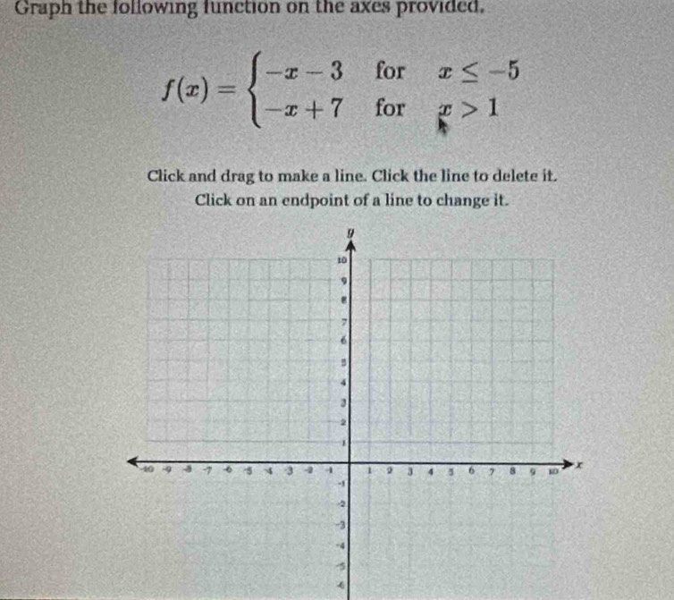 Graph the following function on the axes provided.
f(x)=beginarrayl -x-3forx≤ -5 -x+7forx>1endarray.
Click and drag to make a line. Click the line to delete it. 
Click on an endpoint of a line to change it.
6