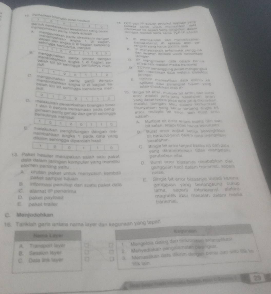 540 Berballkan bängan binei becku
1A: TCP đ 1= sualan protoiel terpissh yand 
.
taloria seme unok mamaa dot
panluk pendeiekaian kəsaiahan vang benai Kngan, Bentuk kana sama TCPAP adulah
alinmio ke Juíkan vạng dinginian dalam
m a  n a lynakan parös chack astalah
A.  manggunakan parly checkaum dangan A. in memperoish dan mandatinisikan
menambahkan wngke  di bagian alenat-asmes 5 aplikes aapo
dagón dan angka 0 di bagian belakang rangkät vạng hazus dikinmi date
0
B. IP manyadiakan antarmuka pengguna
1 、 0 can jayanan aplikasi unluk komünikas 
jaringan
menggunakan barly genap dangan C 1P * menglrmkan  data daïam banluk
manambahkan angks ioi bagian so . angal nak matain madis tranamial
belah kin bit sehingga bentukawa man.
ad
D    TCP/P bertanggung jawab mengangku
dan maruteión cata melélul isilelou
jarogan
Barity ganjl dergan E TCP/P memastikan data diurm ks
n manambahkan algia 0 el bagian se
aplikeel stau peranglst tujan y ang 
belah kim bit sehingga bentuknya man.
teleh ditentukan oigh (1º
15. Single bit error, muniple bit error, dan burs
error adalah jenis-jənis kesalahen(erör)
vang dapat terjadí pada data yạng disnmkan
n pehambähan bilangall biner  malalul taringan atau sistem komunikas  
* dan 3 secara bersámaan pada peng Peryatean yang benar tantang single bit
punéan parity genãp dan ganlí seningge error, multiple bit error dan bural erröt
b entuknya mənjadi
adaiah
` 0 , o 1 0 A. Multiple bit error tenadi ketika dari sal,
bit salah, tetepi tidak harus berurutan.
U melakukan penghitungan dengan mə- B. 'Burst error teijadi katka serangkalan
nambahkan angka t pada data váng bit  b erturut-turut dalsm data mengslam 
dixirim sehingga diperoleh hasil kesalahan.
e 1 1 o C. Single bit error térjadl ketiks bit darl dats
yang ditransmisikan tidak mangalami 
13. Paket header merupakan salah satu paket perubahan nilai.
dala dalam jaringan komputer yang memiliki D. Burst error biasanya disebabkan oleh
elemen penting yaitu .
gangguan kecil dalam transmisi, seper
A. urutän paket untuk menyusun kemball noise.
paket sampal tujuan E Single bit error biasanya terjadi karena
B  informasí penutup dan suatu paket data  gangguan yang berlangsung cu up 
C. alamat P * penerima ama, seperti interferensl elektro-
D. paket payload magnetik atau masalah dalam madi 
E. paket trailer transmisi.
C. Menjodohkan
16. Tarikiah garis antara nama layer dan kegunaan yang tepat!
Regunsan
1  Mengelola diatog dan sinkronisasi antaraplikasi
2. Menyediakan pangalamatan pleangkas.
3. Memastikan data dikirim dəngan benar dan satu lk ke
titik lain.
29