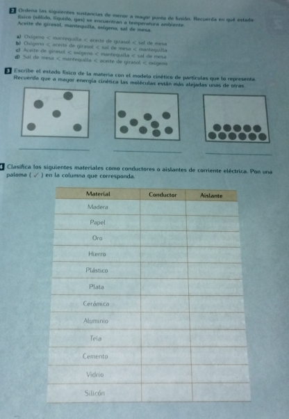 Ordena las siguientes sustancias de menor a mayor punta de lusión. Recuerda en que estado 
Esico (sólido, Siquido, gas) se encuentran a temperatura ambiente. 
Aceite de girasol, mantequilla, oxígeno, sal de mesa 
Oxígeno < mantequilla < aceité de qiasol < sal de mesa 
Osigena < aceite de girasol < sal de mesa < mantequilla 
Aceite de girasol < oxígena < mantequilla < sal de mesa 
Sai de mesa < mantequilla < aceite de girasol < oxigeno 
El Escribe el estado físico de la matería con el modelo cinético de partículas que lo representa. 
Recuerda que a mayor energía cinética las moléculas están más alejadas unas de otras 
_ 
_ 
_ 
4 Clasífica los siguientes materiales como conductores o aislantes de corriente eléctrica. Pon una 
paloma ( √ ) en la columna que corresponda.