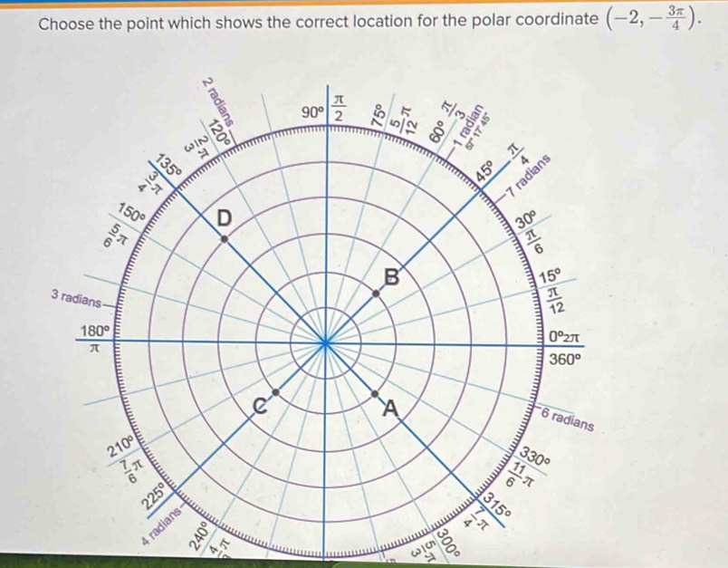 Choose the point which shows the correct location for the polar coordinate (-2,- 3π /4 ).
K
ω1M