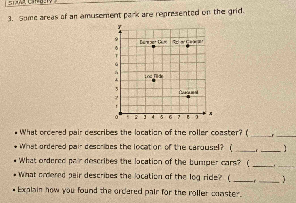 STAAR Category 3 
3. Some areas of an amusement park are represented on the grid. 
What ordered pair describes the location of the roller coaster? ( _1_ 
What ordered pair describes the location of the carousel? ( __) 
What ordered pair describes the location of the bumper cars? ( _1_ 
What ordered pair describes the location of the log ride? ( _1 _) 
Explain how you found the ordered pair for the roller coaster.